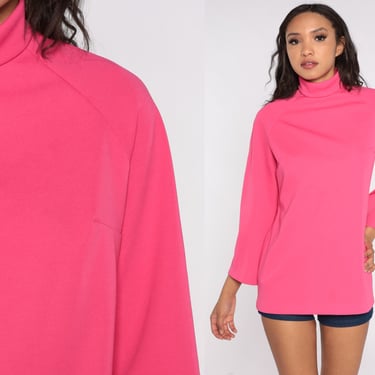 70s Turtleneck Blouse Bright Pink Top High Neck Shirt Mod Shirt Bohemian Retro Long Raglan Sleeve Vintage 1970s Polyester Medium 