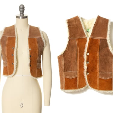 Vintage 1970s Vest | 70s Brown Suede Leather Shearling Lined Boho Hippie Vest with Pockets (x-small) 