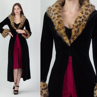 Y2K Betsey Johnson Velvet Leopard Faux Fur Trim Jacket - XS to Small | Vintage Lightweight Button Up Long Duster Designer Coat 