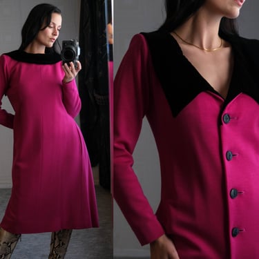 Vintage 80s Yves Saint Laurent Rive Gauche Pink Reversible Dress Coat w/ Velvet Chelsea Collar | Made in France | 1980s YSL Designer Dress 