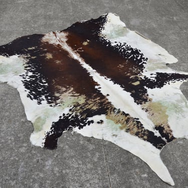 Vintage Distressed Natural Cowhide Area Rug in Brown, White, and Black, circa 1980s-90s 