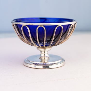 Antique Silverplate Pedestal Dish with Cobalt Glass Liner