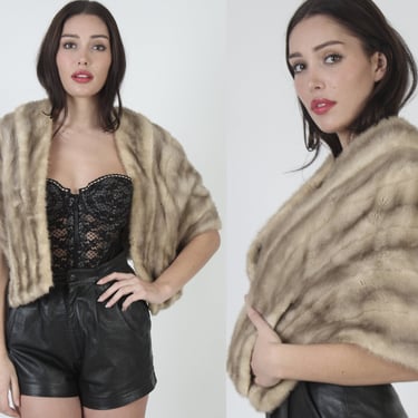 60s Real Taupe Color Mink Fur Bolero Wrap, Bridal Ceremony Shawl With Pockets 