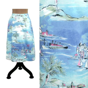Novelty Print Skirt Small, Sail Boats & Palm Trees, Cotton Summer A Line Midi, Petite Clothes Women, Vintage Liz Claiborne Emma James Size 6 
