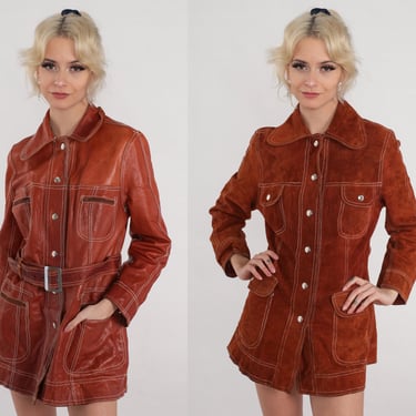 Brown Leather Jacket 70s Reversible Suede Jacket Bohemian Coat Snap Up Retro Seventies Belted Topstitch Pockets Vintage 1970s Small S 