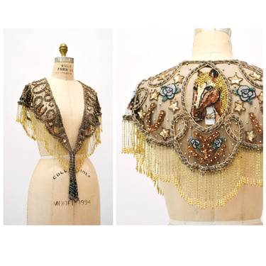 Vintage Metallic Beaded Sequin Fringe Shawl Horses Pony Unicorn Wrap Cowgirl Rodeo Metallic Beaded Wrap Vintage Sharmark Las Vegas Showgirl 
