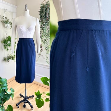 Vintage 1940s Skirt | 40s Arrow Embroidered Midnight Blue Wool Gabardine High Waisted Tailored Suit Wear to Work Pencil Skirt (small) 