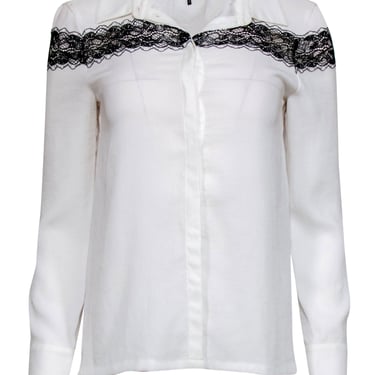 Maje - White Button-Up Long Sleeve Blouse w/ Lace Trim Sz 4
