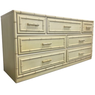 Vintage Faux Bamboo Dresser with 7 Drawers by Dixie Aloha Collection - Beige White Hollywood Regency Coastal Credenza or Sideboard Furniture 