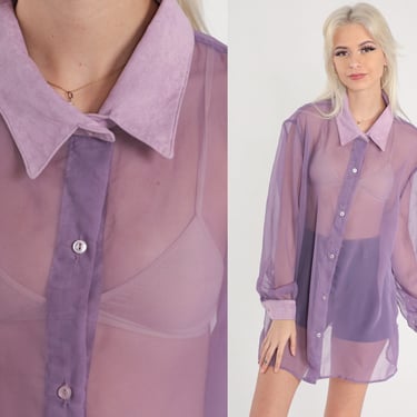 Sheer Chiffon Shirt Y2K Lavender Purple Button Up Shirt Collar Top Romantic Blouse Party Vintage Long Sleeve Glam Clueless Extra Large xl 1x 