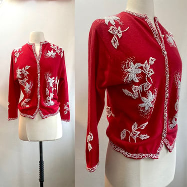Vintage 50s Beaded Cardigan Sweater / RED + White Beads / Snow Covered Poinsettia / Lambswool + Silk Lined / Pearl Buttons / Exceptional 