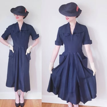 1940s Navy Blue Silk Rayon Blend Dress with Pockets New Look / 40s Short Sleeved Dress Full Midi Skirt  O'Brien's / Medium 