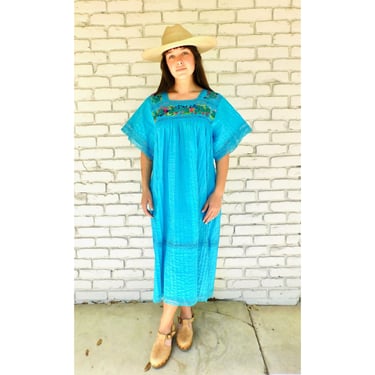 Oaxacan Dress // vintage sun Mexican hand embroidered floral 70s boho hippie cotton hippy turquoise maxi midi // S/M 