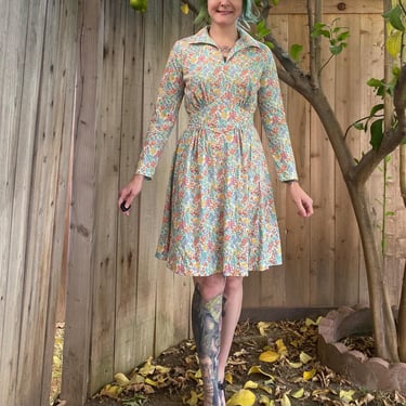 Vintage 1970’s Long Sleeve Green, Purple and Red Floral Dress 