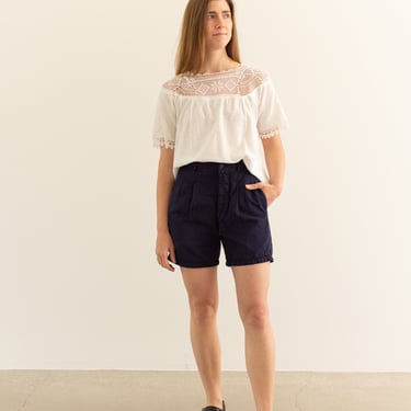 Vintage 25 26 27 28 Waist Navy Blue Pleat Shorts | French Workwear style | 