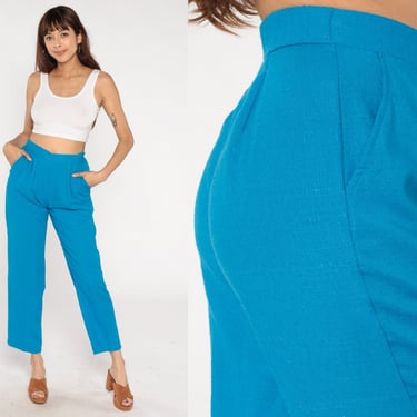 Bright Blue Trousers 80s Straight Leg Pants Basic Plain Simple Chic High Waisted Rise Slacks Pleated Creased Retro Vintage 1980s Small S 