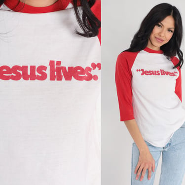 Vintage Jesus Lives Shirt Raglan Tee 80s Ringer Tshirt 80s Christian T Shirt Raglan Sleeve Distressed Baseball Tshirt White Red Retro Small 