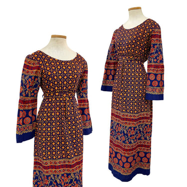 Vtg Vintage 1970s 70s Indian Block Print Classic Bell Sleeve Maxi Dress 