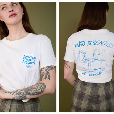 Vintage 1984 80s Mad Scientist Graphic Single Stitch Pocket T-Shirt Tee 