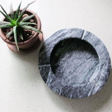 Vintage Gray Marble Round Ash Tray - 80s Carved Stone Jewelry Trinket Coin Keys Catchall Dish 