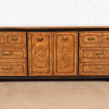 Hollywood Regency Chinoiserie Burl Wood and Ebonized Wood Dresser or Credenza, Circa 1970s