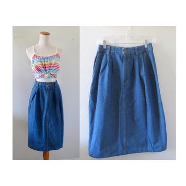 Vintage Denim Midi Skirt - 90s High Waisted Jean A-line Spring Summer - Cottagecore Preppy Skirt with Pockets - Size Small / Medium 