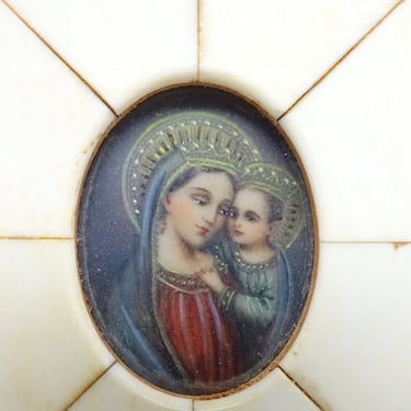 Antique Hand Painted Miniature Portrait of Saint Mary with Christ Child Jesus in Bone Frame, Vintage Madonna 