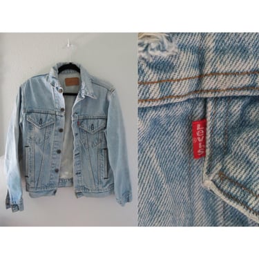 Vintage Levi's Denim Jacket Light Wash Distressed Jean Trucker Style Red Tab Levis Made in USA Size Small Medium 