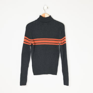 Vintage Y2k Dark Grey & Orange Striped Ribbed Turtleneck - fitted, gray, all cotton knit, sweater, pullover - Men's S 