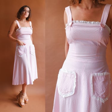 Vintage 50s Striped Seersucker Sundress with Large Patch Pockets/ 1950s Sleeveless Pink White Dress/ Size medium 