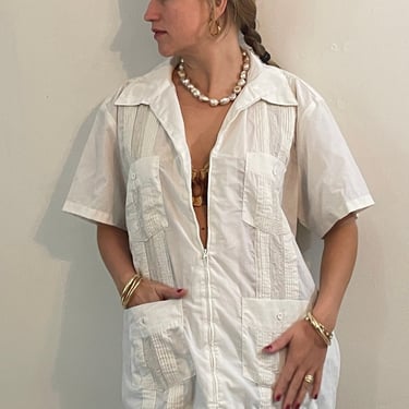 80s Guayabera embroidered shirt / vintage white cotton embroidered pin tucks oversized boyfriend zip front Haband Guayabera shirt blouse | L 