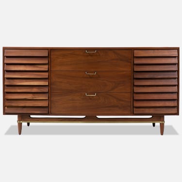 Merton L. Gershun Walnut Dresser with Brass Accents for American of Martinsville