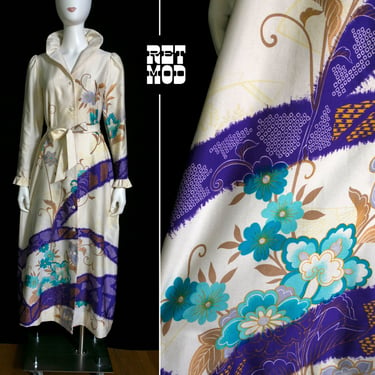 Lovely Tori Richard Vintage 60s 70s Cream-Colored, Purple, Blue Floral Maxi Dress 