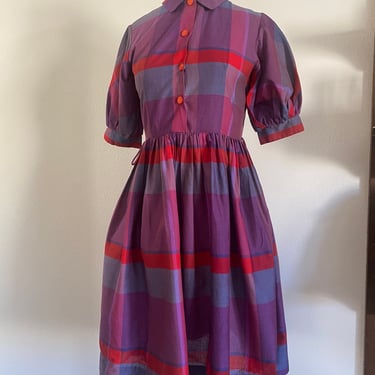 Vintage 70s Rainbow Colorblock Plaid Fit and Flare Dress with Wingtip Collar; 50s Rainbow Cotton Checkerboard Plaid Dress M 