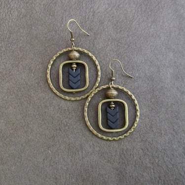 Hammered bronze hoop and black geometric earrings 