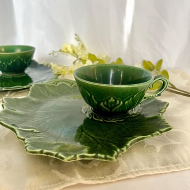 Ivy Green Luncheon Plates, Coffee Cups, Set 2, Mugs, Steubenville, Holiday Table, Vintage 50s 60s, Mid Century Home 