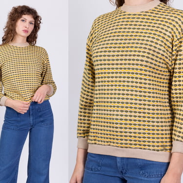 70s Yellow & Green Knit Sweater - Petite Medium | Vintage Soft Striped Crew Neck Pullover Jumper 