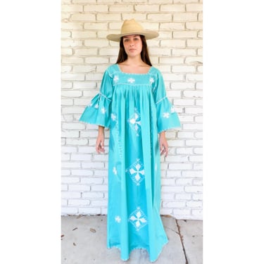 Hand Embroidered Dress // vintage 70s 1970s boho hippie teal turquoise maxi Mexican hippy // S/M 