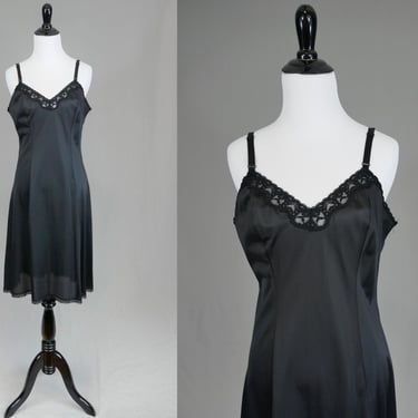 80s Black Slip - Lace Trim Full Nylon Dress Slip - Vintage 1980s - Size 36 to 38 