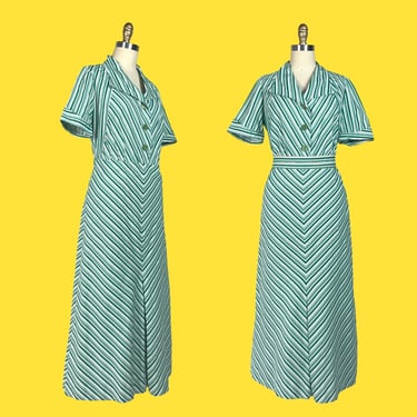 Vintage 1930s Art Deco Cotton Day Dress Talon Bell Zipper Grass Green Striped Bakelite Buttons by Lynbrook Frocks 