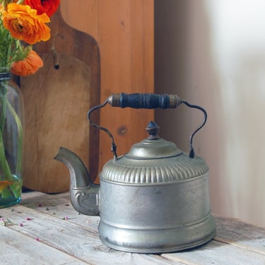 Vintage silver metal tea kettle / vintage teapot / boho decor / vintage kitchen / rustic home / cottage decor / vintage engraved kettle 