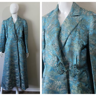 Vintage 50s 1960's Turquoise Blue Dressing Gown Robe Lounging Jacket Coat // modern med Lg 6 8 10 