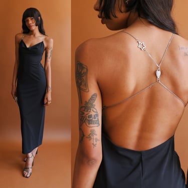 Vintage 90s Backless Chain Strap Dress/ Fredericks of Hollywood/ 1990s Black Cowl Neck Maxi Dress/ Size XS 
