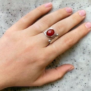 Handmade Womens Sterling Silver Red Coral Cabochon Bohemian Abstract Ring Sz 8 