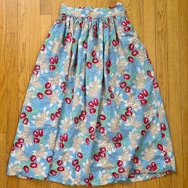 Vintage 1940s Cotton Floral Tulip Peasant Skirt Ankle Length Long 26 Waist by TimeBa