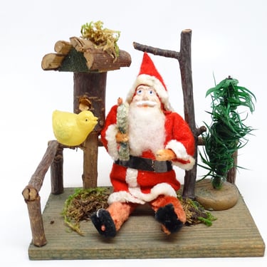 Antique Clay Face Santa & German Bird House with Celluloid Bird, Twig Fence and Feather Tree,  Vintage Folk Art from Germany 