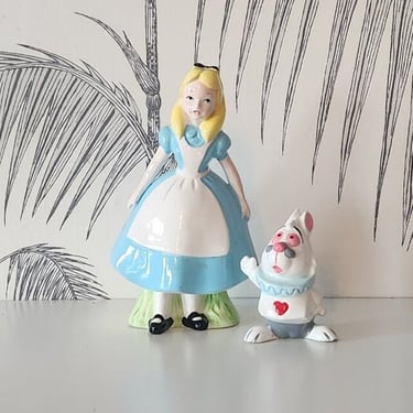 Vintage Alice in Wonderland Statues, Ceramic, Alice and White Rabiit, Disney, made in Japan 