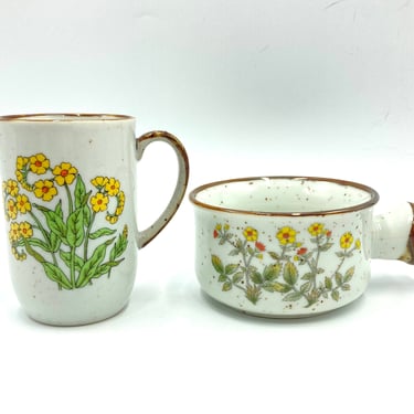 Vintage Speckled Stoneware Wildflower Soup Bowl and Mug, Made in Japan, Yellow Flower with Orange, Retro 70s Brown Speckled Bowl and Cup 