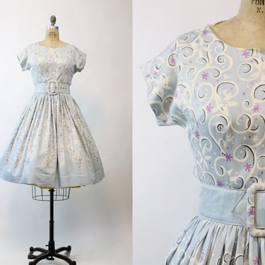 1950s polished cotton swirl dress medium | vintage dress 