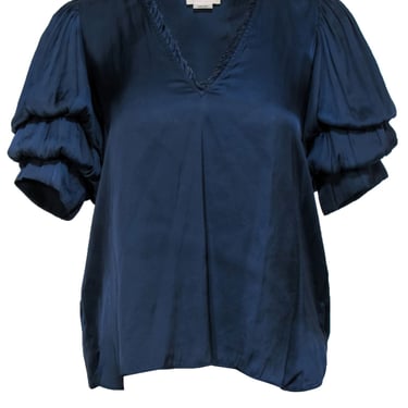 Zadig & Voltaire - Navy Satin Tiered Puff Sleeve Blouse Sz XS